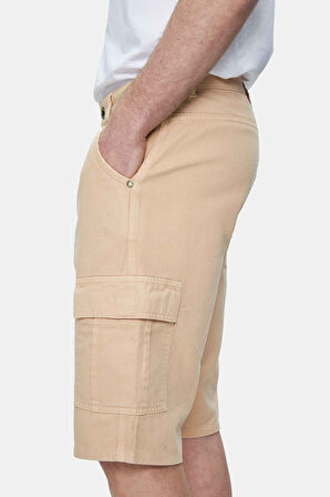 BLEWIN Camel Kargo Cepli Gabardin Nakışlı Standard Fit Erkek Şort