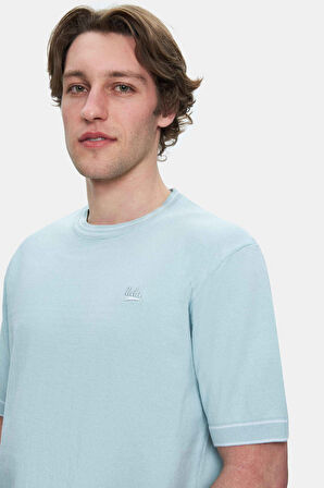 FARED Gök Mavi Bisiklet Yaka Triko Nakışlı Standard Fit Erkek Tshirt