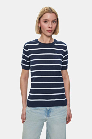 MISHA Lacivert Çizgili Bisiklet Yaka Triko Nakışlı Standard Fit Kadın Tshirt