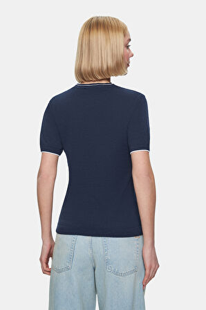 JENNY Lacivert Bisiklet Yaka Triko Nakışlı Standard Fit Kadın Tshirt