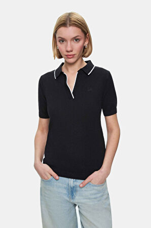 SASHA Siyah Polo Yaka Triko Nakışlı Standard Fit Kadın Tshirt