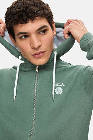 HILGARD Adaçayı Yeşili Kapüşonlu Ve Fermuarlı Baskılı Standard Fit Erkek Sweatshirt