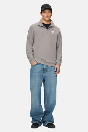 LEON Koyu Gri Yarım Fermuar Nakışlı Standard Fit Erkek Sweatshirt