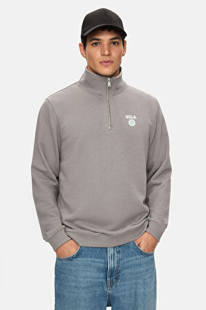 LEON Koyu Gri Yarım Fermuar Nakışlı Standard Fit Erkek Sweatshirt