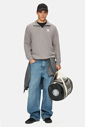 LEON Koyu Gri Yarım Fermuar Nakışlı Standard Fit Erkek Sweatshirt