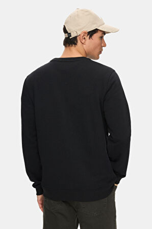 MATTY Siyah Bisiklet Yaka Ekose Nakışlı Loose Fit Erkek Sweatshirt