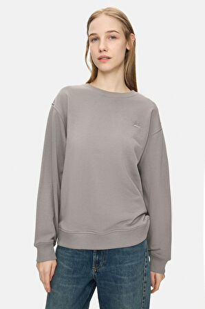 SUNNIVA Koyu Gri Bisiklet Yaka Nakışlı Loose Fit Kadın Sweatshirt