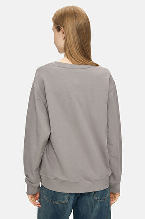 SUNNIVA Koyu Gri Bisiklet Yaka Nakışlı Loose Fit Kadın Sweatshirt