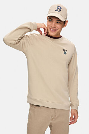 VALLEY Koyu Bej Bisiklet Yaka Baskılı Standard Fit Erkek Sweatshirt