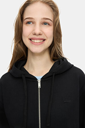 VIVIANA Siyah Kapüşonlu Baskılı Fermuarlı Standard Fit Kadın Sweatshirt