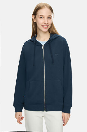 VIVIANA Lacivert Kapüşonlu Baskılı Fermuarlı Standard Fit Kadın Sweatshirt