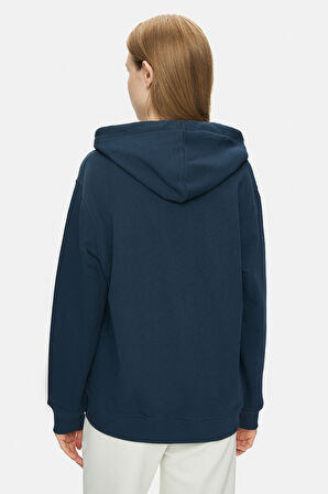VIVIANA Lacivert Kapüşonlu Baskılı Fermuarlı Standard Fit Kadın Sweatshirt