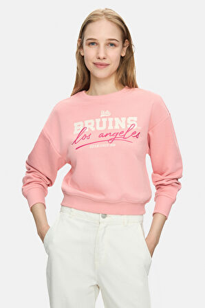 MELLO Pembe Bisiklet Yaka Crop Baskılı Loose Fit Kadın Sweatshirt