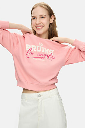 MELLO Pembe Bisiklet Yaka Crop Baskılı Loose Fit Kadın Sweatshirt