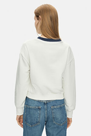 MELLO Kemik Rengi Bisiklet Yaka Crop Baskılı Loose Fit Kadın Sweatshirt