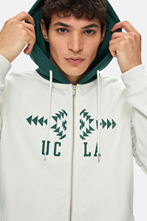 SPENCER Kemik Rengi Kapüşonlu Baskılı Fermuarlı Standard Fit Erkek Sweatshirt