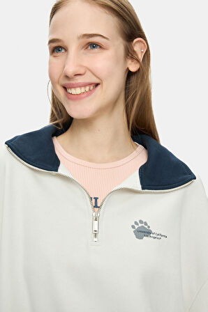 YOKO Kemik Rengi Fermuarlı Baskılı Oversize Fit Kadın Sweatshirt