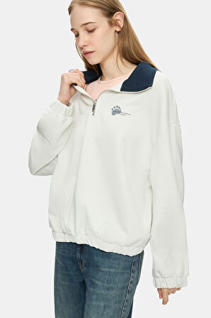 YOKO Kemik Rengi Fermuarlı Baskılı Oversize Fit Kadın Sweatshirt