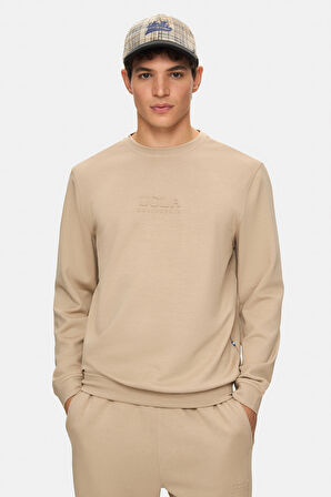 MACHADO Koyu Bej Bisiklet Yaka Gofre Baskı Standard Fit Erkek Sweatshirt
