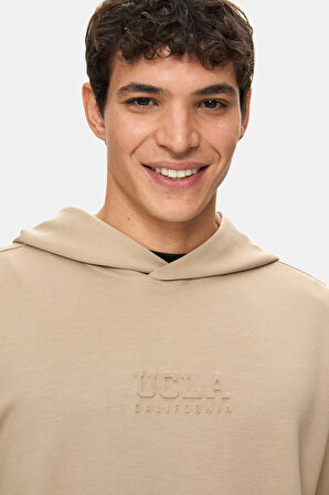 WINFREY Koyu Bej Kapüşonlu Gofre Baskı Standard Fit Erkek Sweatshirt