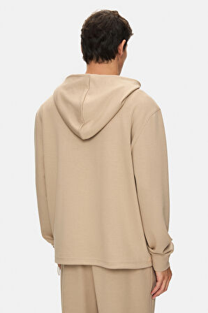 WINFREY Koyu Bej Kapüşonlu Gofre Baskı Standard Fit Erkek Sweatshirt