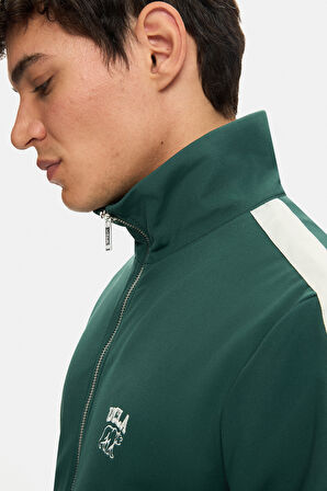 HALSTON Koyu Yeşil Fermuarlı ve Cepli Baskılı Standard Fit Erkek Sweatshirt