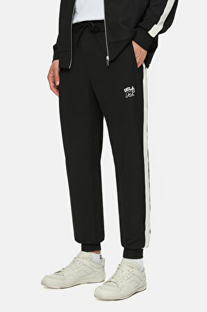 SALVADOR Siyah Daralan Kesim Paçası Lastikli Baskılı Standard Fit Erkek Eşofman Alt