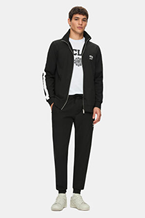 SALVADOR Siyah Daralan Kesim Paçası Lastikli Baskılı Standard Fit Erkek Eşofman Alt