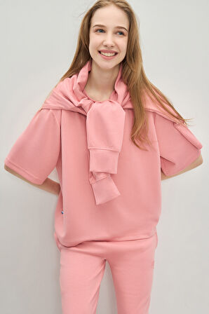 JAYLA Pembe Bisiklet Yaka Gofre Baskı Loose Fit Kadın Tshirt