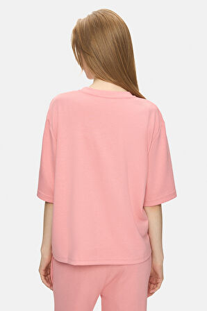 JAYLA Pembe Bisiklet Yaka Gofre Baskı Loose Fit Kadın Tshirt