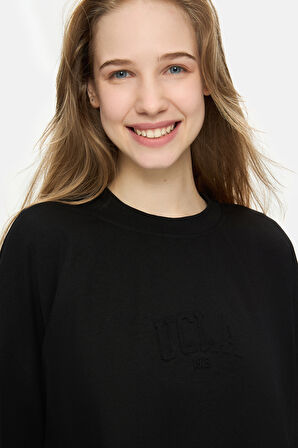 JAYLA Siyah Bisiklet Yaka Gofre Baskı Loose Fit Kadın Tshirt