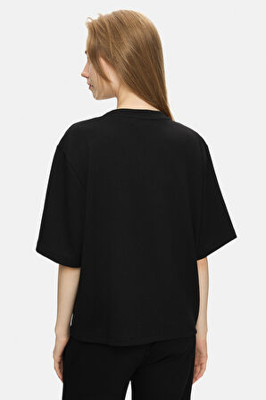 JAYLA Siyah Bisiklet Yaka Gofre Baskı Loose Fit Kadın Tshirt