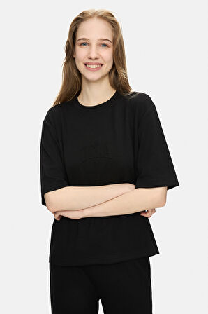 JAYLA Siyah Bisiklet Yaka Gofre Baskı Loose Fit Kadın Tshirt