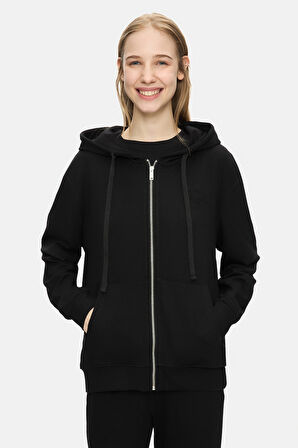 ALLURA Siyah Kapüşonlu Gofre Baskı Loose Fit Kadın Sweatshirt