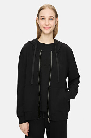 ALLURA Siyah Kapüşonlu Gofre Baskı Loose Fit Kadın Sweatshirt