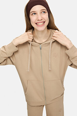 ALLURA Koyu Bej Kapüşonlu Gofre Baskı Loose Fit Kadın Sweatshirt