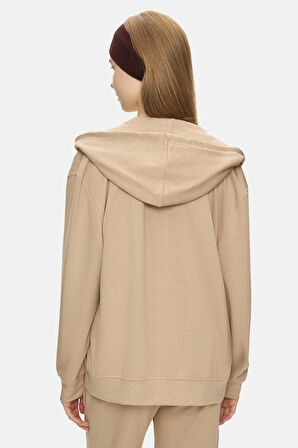 ALLURA Koyu Bej Kapüşonlu Gofre Baskı Loose Fit Kadın Sweatshirt