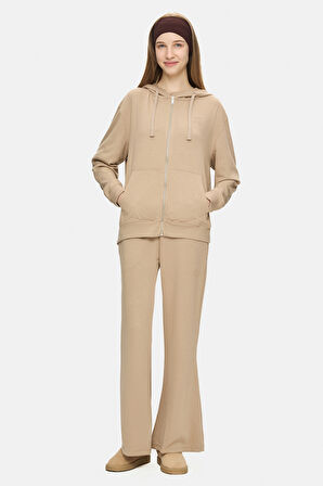 ALLURA Koyu Bej Kapüşonlu Gofre Baskı Loose Fit Kadın Sweatshirt