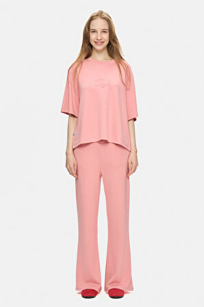 URANIA Pembe İspanyol Paça Gofre Baskı Loose Fit Kadın Eşofman Alt