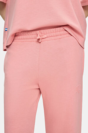 URANIA Pembe İspanyol Paça Gofre Baskı Loose Fit Kadın Eşofman Alt