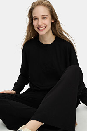 URANIA Siyah İspanyol Paça Gofre Baskı Loose Fit Kadın Eşofman Alt