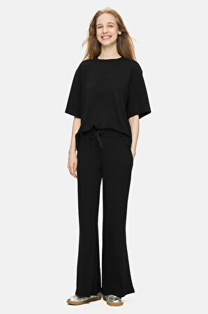 URANIA Siyah İspanyol Paça Gofre Baskı Loose Fit Kadın Eşofman Alt