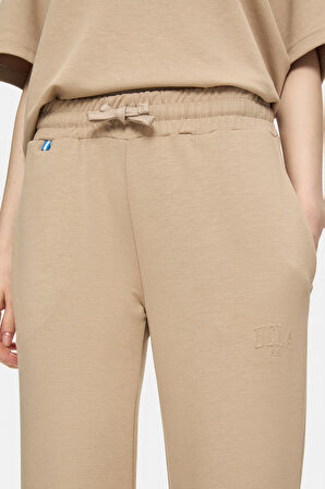 URANIA Koyu Bej İspanyol Paça Gofre Baskı Loose Fit Kadın Eşofman Alt