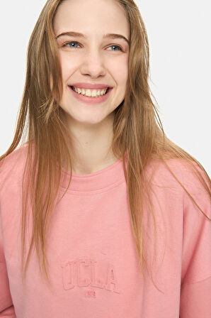 ELOWEN Pembe Bisiklet Yaka Gofre Baskı Loose Fit Kadın Sweatshirt