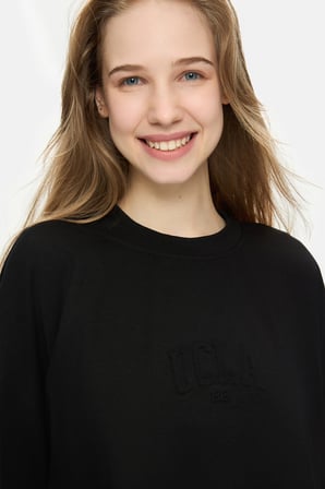 ELOWEN Siyah Bisiklet Yaka Gofre Baskılı Modal Kumaş Loose Fit Kadın Sweatshirt