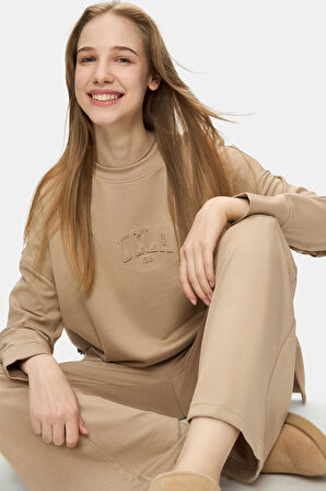 ELOWEN Bej Bisiklet Yaka Gofre Baskı Loose Fit Kadın Sweatshirt