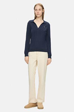 IRENE Lacivert Polo Yaka Triko Metal Logololu Standard Fit Kadın Triko