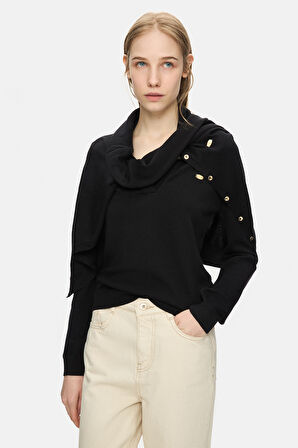 IRENE Siyah Polo Yaka Triko Metal Logololu Standard Fit Kadın Triko