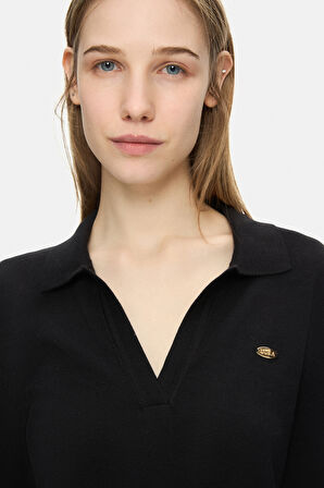 IRENE Siyah Polo Yaka Triko Metal Logololu Standard Fit Kadın Triko
