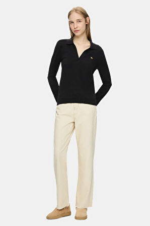 IRENE Siyah Polo Yaka Triko Metal Logololu Standard Fit Kadın Triko